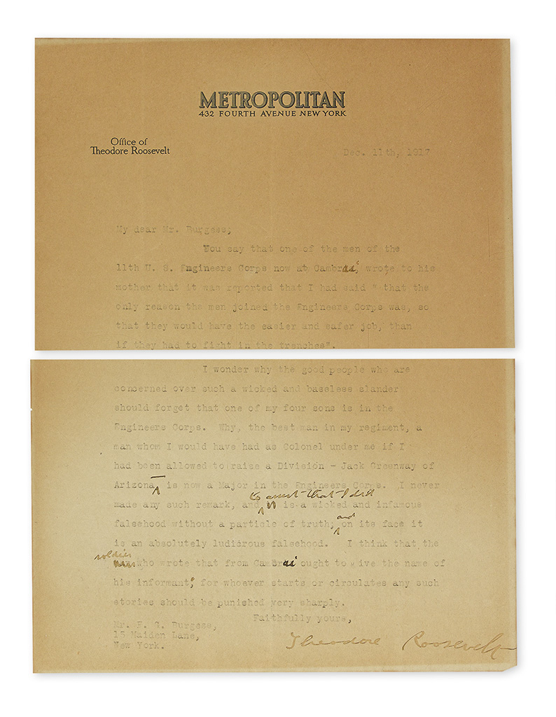 ROOSEVELT, THEODORE. Typed Letter Signed, with a few holograph corrections,